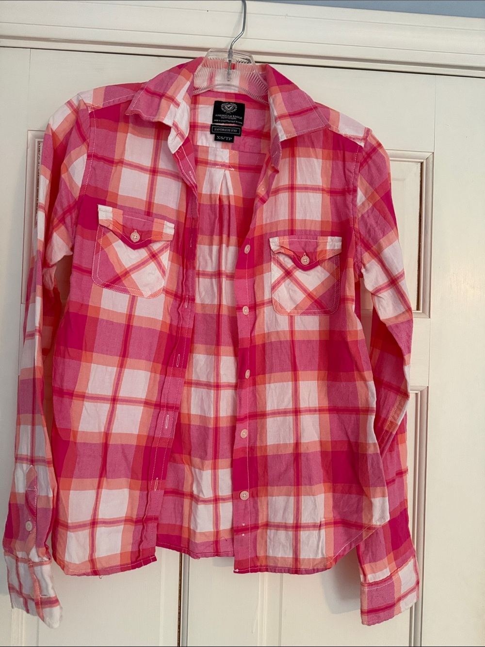 American Eagle Pink Plaid Button-Up Shirt - size XS